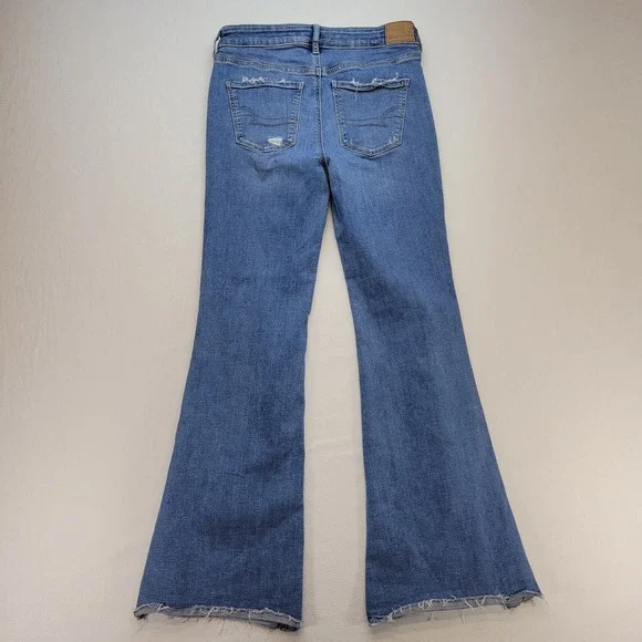 American Eagle Jeans Womens 4 Super High Rise Flare Raw Hem Stretch Ripped Denim - Picture 3 of 11